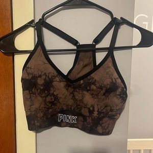 Tie dye sports bra top has matching pants.